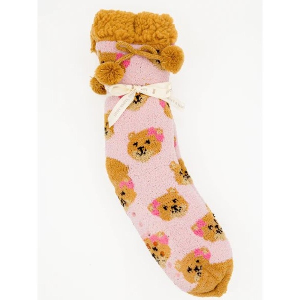 Simply Southern Pink Teddy Bear Camper Socks Sherpa Trim Pom Poms Non-Slip NWT